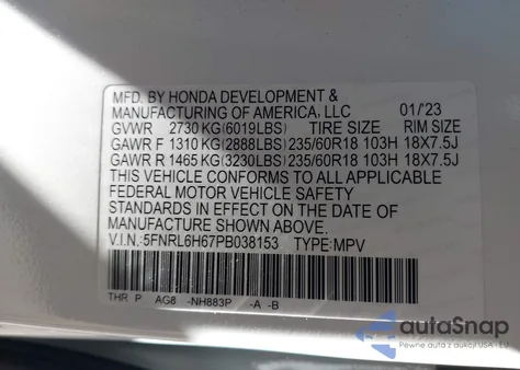 2023 Honda Odyssey Ex-L из США, поврежденный, VIN 5FNRL6H67PB038153